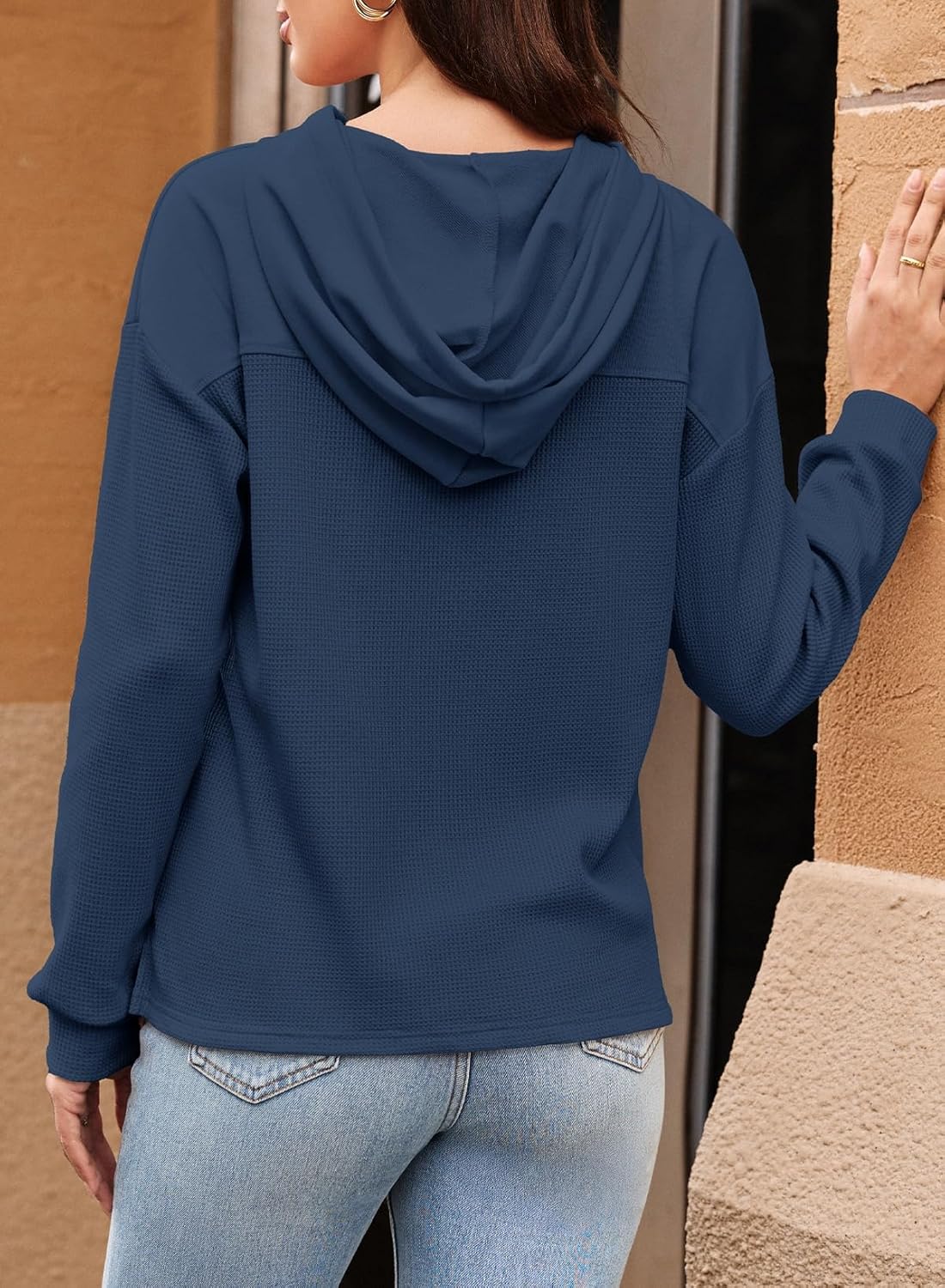 Womens Hoodies Casual Waffle Knit Long Sleeve Drawstring Pullover Sweatshirts Lightweight Hooded Tops