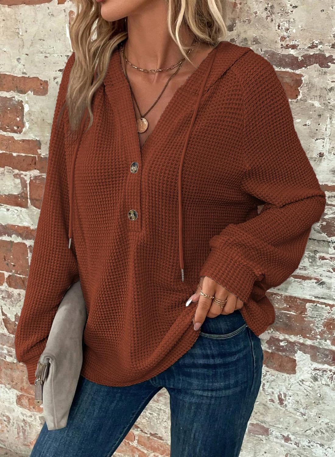 Hoodies for Women Waffle Knit Long Sleeve Drawstring Button V Neck Casual Pullover Sweatshirt Hooded Tops