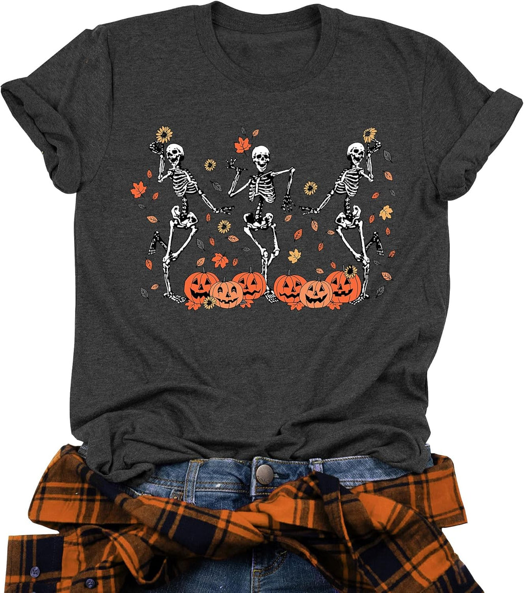 Dancing Skeleton Shirt for Women Happy Halloween T-Shirt Funny Skeleton Graphic Tees Tops Blouse Gift