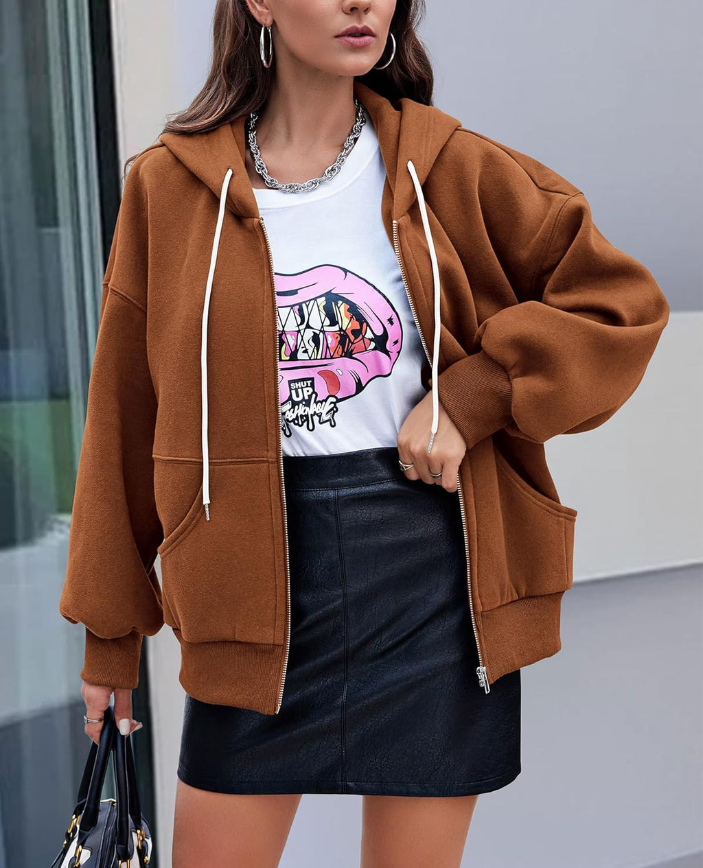 Women's 2025 Fall Oversized Hoodies Sweatshirt Long Sleeve Zip Up Pockets Loose Fit Y2K Winter Jackets Coat
