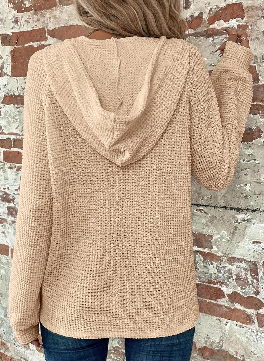 Hoodies for Women Waffle Knit Long Sleeve Drawstring Button V Neck Casual Pullover Sweatshirt Hooded Tops