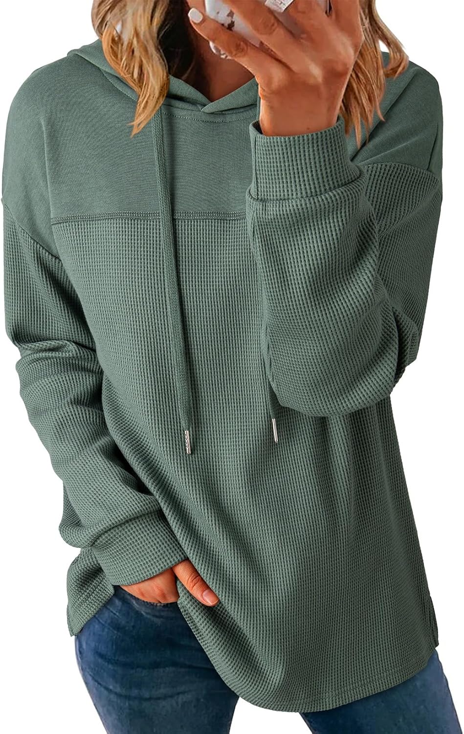 Womens Hoodies Casual Waffle Knit Long Sleeve Drawstring Pullover Sweatshirts Lightweight Hooded Tops