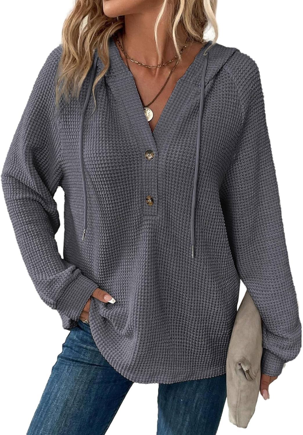 Hoodies for Women Waffle Knit Long Sleeve Drawstring Button V Neck Casual Pullover Sweatshirt Hooded Tops