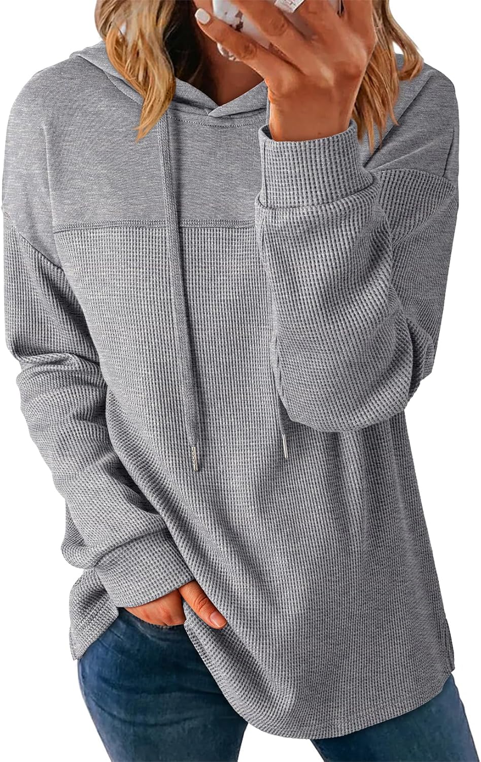 Womens Hoodies Casual Waffle Knit Long Sleeve Drawstring Pullover Sweatshirts Lightweight Hooded Tops